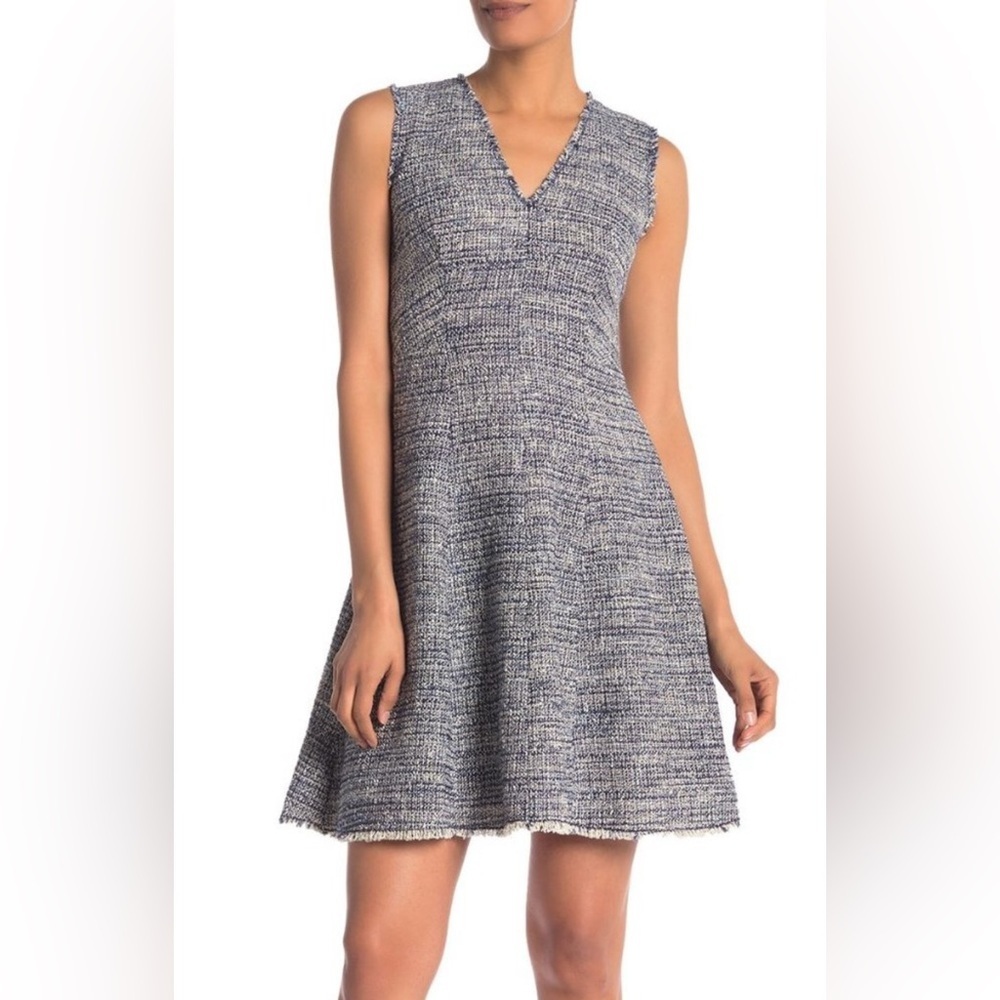Rebecca Taylor Tweed V-Neck Fit n Flare Dress in Navy - Size 6